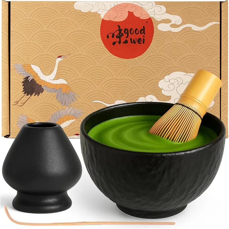 Goodwei Teeschale Matcha Tee Set "Rokku Kuro" mit Matchabesen, Matcha Schale,Besenhalter, 4-tlg, Keramik