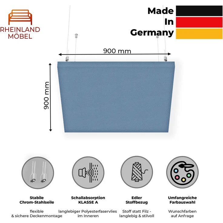 Rheinland Möbel FocusWall DAQ0909 – Quadratischer Akustik-Deckenabsorber 90×90 cm in Stofffarbe Steel inkl. Chrom-Stahlseilen - Made in Germany - Klasse A, Stoffbezug, schwer entflammbar – Bild 2