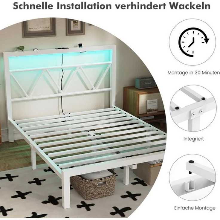 oyajia Metallbett Bettgestell mit LED-Beleuchtung, 90x200/140x200/160x200cm (mit aufladen USB Ladefunktion Kopfteil, 2AC + USB & TYPE-C,Minimalistischer), Ohne Matratze, Reichweite Speicher, Weiß – Bild 4
