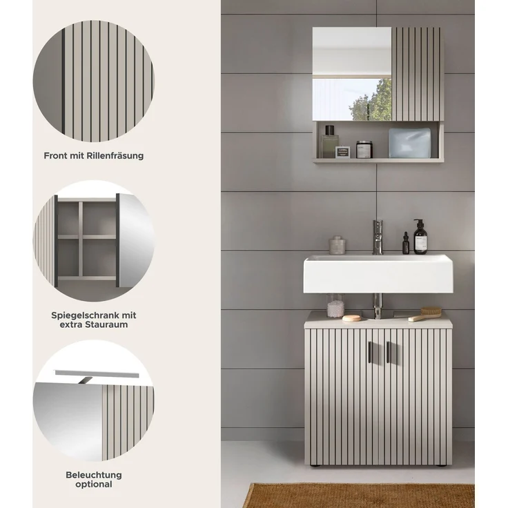 xonox. home – Badkombination Mone 60 x 180 x 30 cm in Kaschmir Nachbildung – 2-teiliges Set bestehend aus Waschbeckenunterschrank & Spiegelschrank – Ideale Lösung für kleine Bäder, modern & pflegeleicht – Bild 8