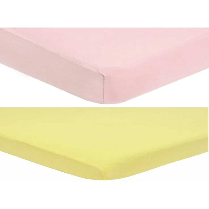 Dudu N Girlie Spannbetttuch für Reisebett-Matratze | 65x95 cm Reisebett-Matratzen-Bettlaken | Jersey weiches Bettlaken hypoallergen elastisch atmungsaktiv Spannbettlaken für Kinderbetten (2 Stück, Rosa und Gelb)