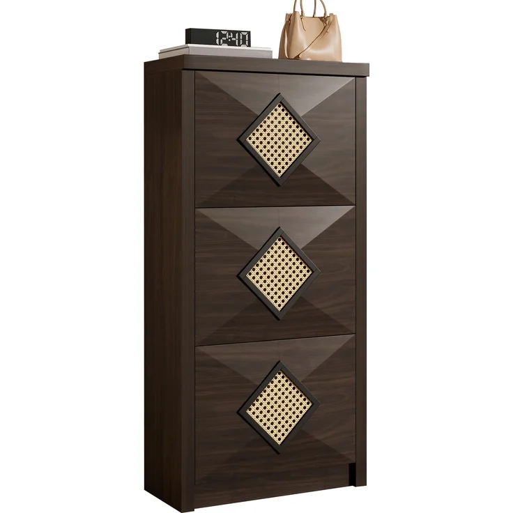Schuhschrank, Holzoptik mit Rattan-Dekor & 3 Klappfächern, 54x25x115 cm, Walnussfarbe – Bild 7