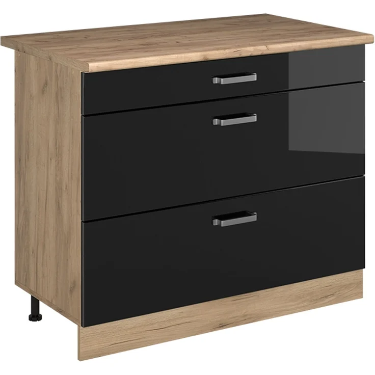 Küchenunterschrank R-Line Schwarz Hochglanz/Goldkraft Eiche 100 cm Arbeitsplatte Goldkraft Eiche Vicco – Bild 1