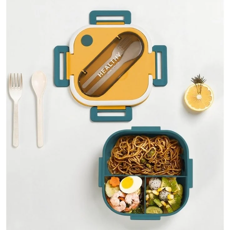 HT Lunchbox Lunch-Behälter (3 Fächer), Auslaufsicher & BPA-frei-mit Besteck, für Kinder und Erwachsene Brotdose mit Fächern – Bild 4