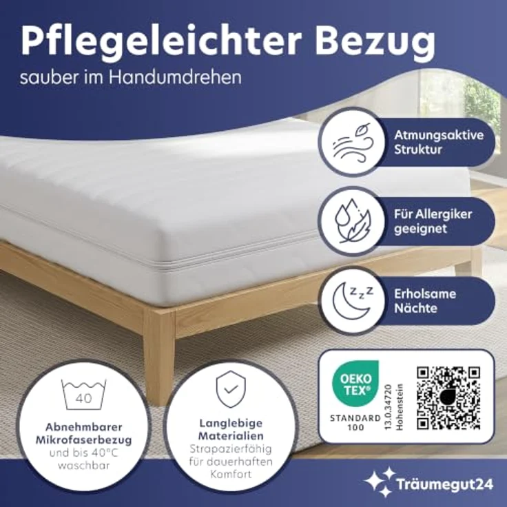 Träumegut24 AquaFlex 7-Zonen Kaltschaummatratze 80x200cm, 22cm, H2 | Ergonomisch, Bezug abnehmbar & waschbar, Hypoallergen & Antibakteriell, OEKO-TEX Standard 100 – Bild 4