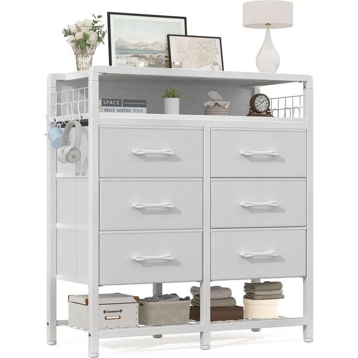 Feonase Kommode, Komodenschrank mit 6 Stoffschubladen, Kommode mit Schubladen, Stoffkommode, Für Schlafzimmer, Flur und Wohnzimmer, Weiß