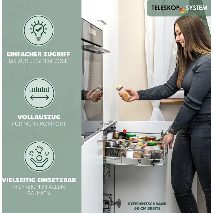 Teleskopschubladen 2er Set - für 50 cm Schrank mit Einlegeboden, aus Metall, (Chrom) – Bild 3
