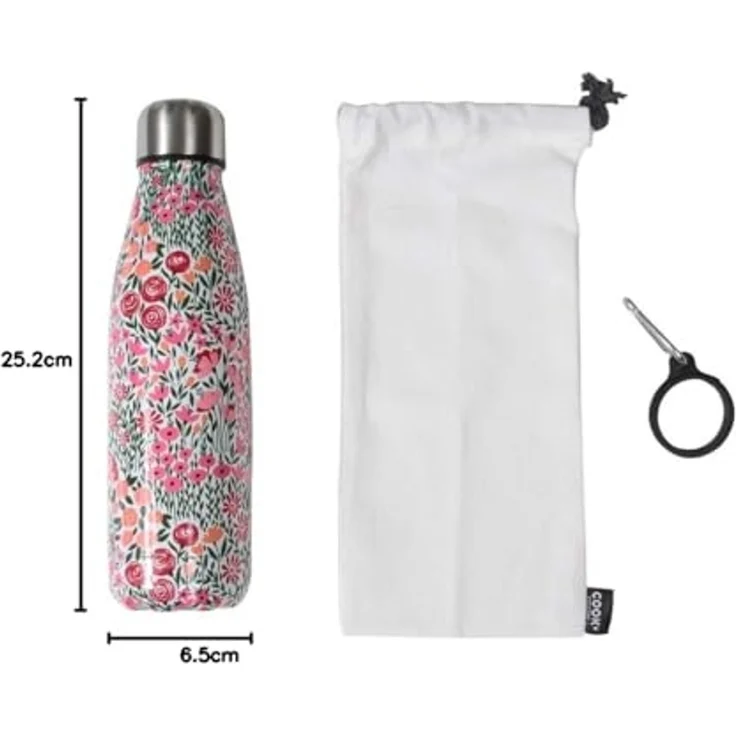 COOK CONCEPT - Ka4650 - Isolierflasche im Blumendesign - mit abnehmbarem Karabiner - Edelstahl - Warm/Kalt - Maße: 6,5 x 6,5 x 25,2 cm - Takeaway-Küche – Bild 7