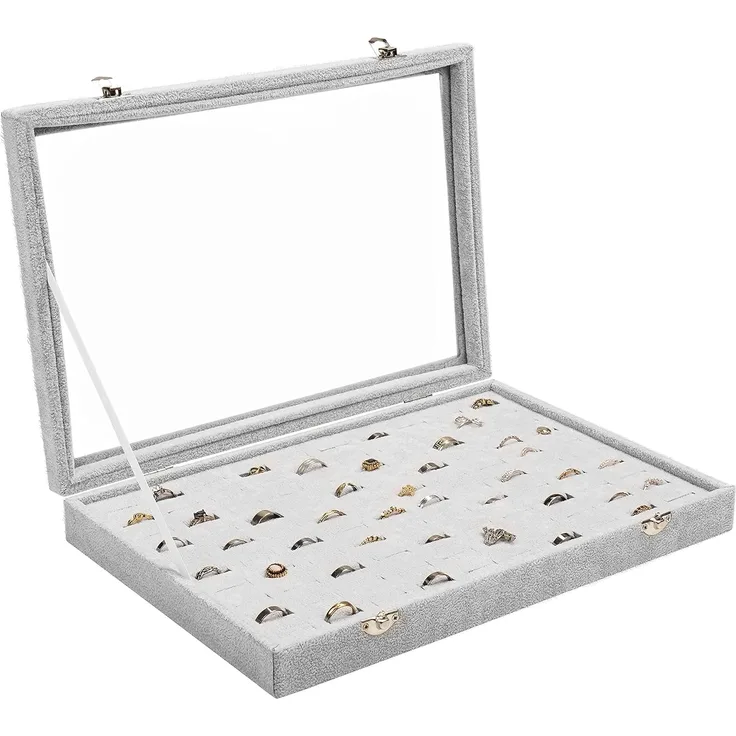 Belle Vous Schmuckständer Graue Schmuckaufbewahrungsbox: Ringbox mit 100 Fächern & Glasdeckel, Jewelry Storage Box: Gray Ring Box with 100 Compartments & Glass Lid