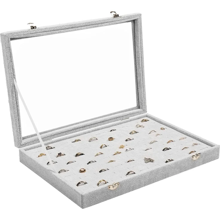 Belle Vous Schmuckständer Graue Schmuckaufbewahrungsbox: Ringbox mit 100 Fächern & Glasdeckel, Jewelry Storage Box: Gray Ring Box with 100 Compartments & Glass Lid – Bild 1