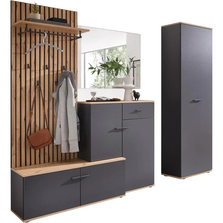 Garderoben-Set >Fynn< (2-tlg.) in Anthrazit / Artisan Dekor - 223x199x38cm (B/H/T) – Bild 3
