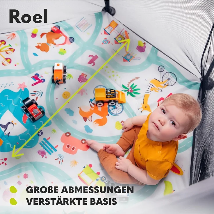 LIONELO Roel Laufstall Baby bis zu 15 kg, Großformat 135x85 cm, sechseckige Form, LockGuard Faltschloss, verstärkte Basis, rutschfeste Fußkappen, Schutztasche – Bild 5