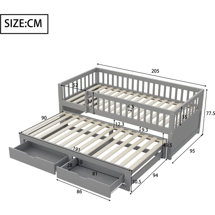 EINHOM Massivholz-Schlafsofa 90 x 200 cm, Vollverkleidetes Sicherheitsgitter, Ausziehbares Bett mit 2 Schubladen Darunter, mit Lattenrost, Kinderbett Jugendbett Gästebett Erwachsene, Grau (Ohne Matratze) – Bild 2