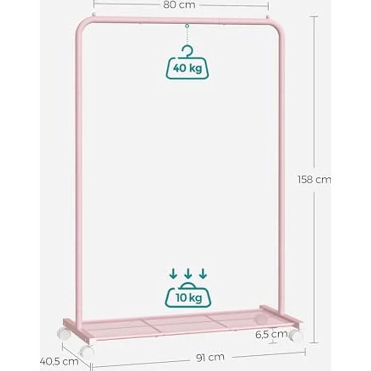 SONGMICS Kleiderständer, Kleiderstange auf Rollen, Garderobenständer Metall, Rollgarderobe 91 cm breit, mit Ablage, 2 Rollen mit Bremse, Garderobenstange bis 40 kg belastbar, pastellrosa HSR025P01 – Bild 6