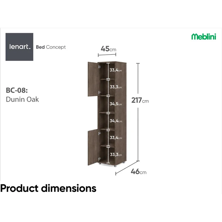 MEBLINI Schrank BC-08 für Schrankbett - Dunin Eiche - 45x217x46cm - Hochschrank mit Ablagen und Fächern - Nachttisch – Bild 7