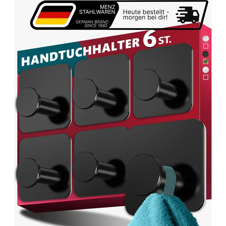 Lindenstein Wandhaken 6er-Set Schwarz – Edelstahl V2A, 3M-Pads, ohne Bohren – Bild 1
