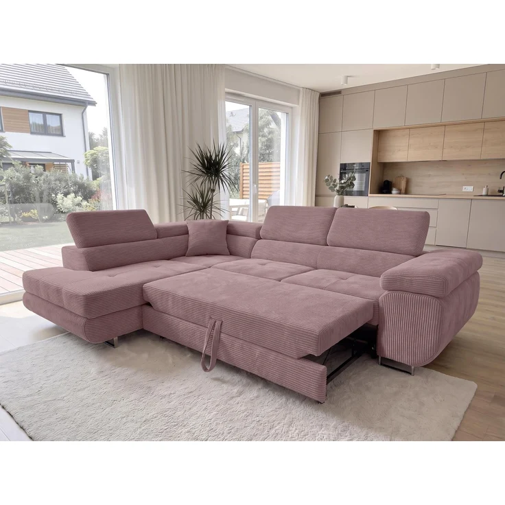 AX LIVING Konak Cord-Schlafsofa L Rosa 276 cm breit mit Bettkasten, Kopfstützen – Bild 2