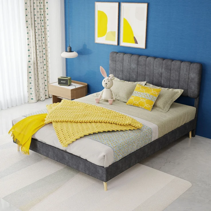 Novelux Polsterbett 140x200 cm mit Weichem Kopfteil – Stabiles Plattformbett aus Holz & Samt Grau, Modernes Minimalistisches Bettgestell ohne Matratze – Bild 8