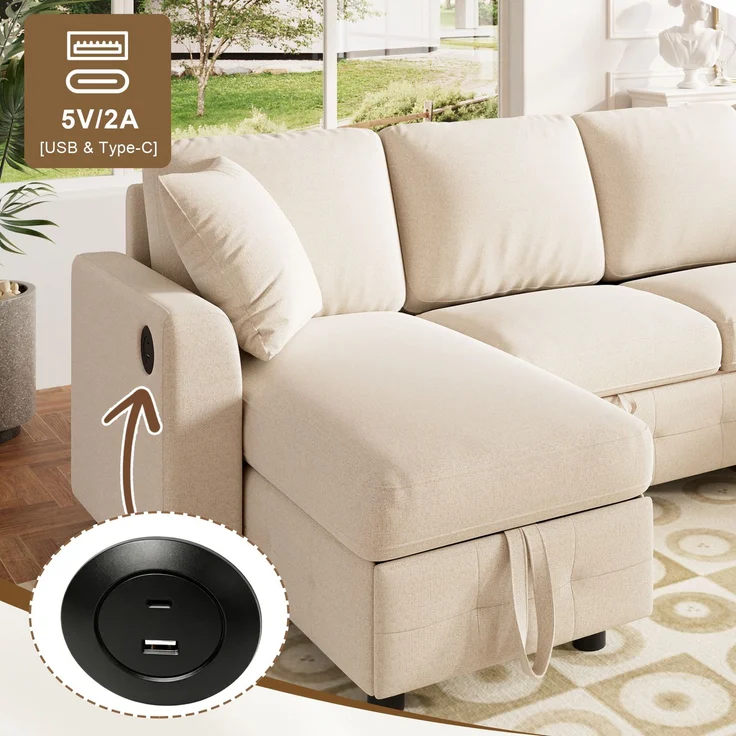 Merax U-Form Chenille Sofa mit Schlaffunktion, Schlafsofa mit 2 Stauraum-Chaiselongues, ausziehbares Schlafsofa mit 1× USB & 1× Type-C Ladeanschluss, mit 2 Kissen, Beige, 260×128×82 cm – Bild 6