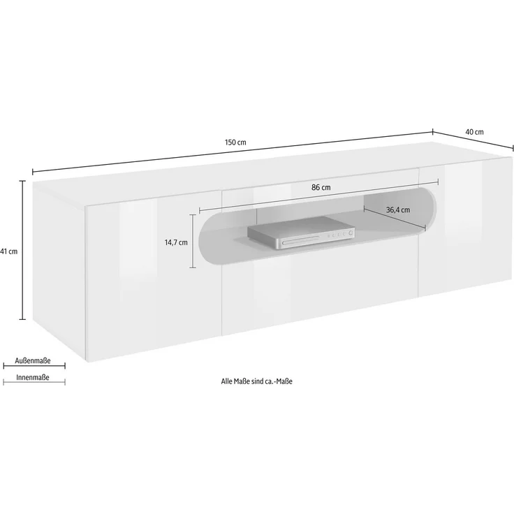 INOSIGN Lowboard Real,Lowboard,TV-Kommode,TV-Möbel,Breite 150 kompl. hochglanz lackiert, mit 2 abgerundeten Türen,1 Klappe,die ein ovales offenes Fach bilden – Bild 2
