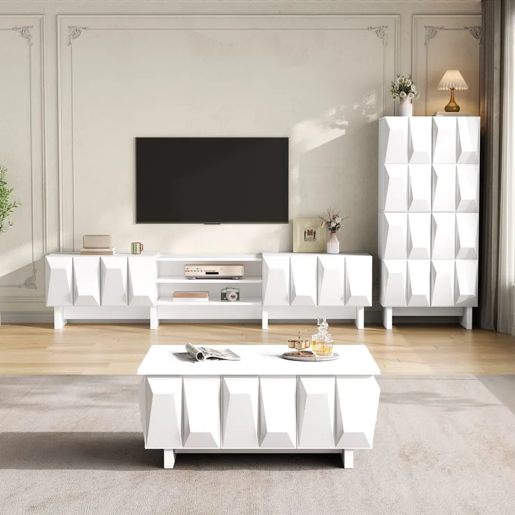 Flieks Wohnzimmermöbel-Set 3-teilig mit TV-Lowboard, Sideboard und Couchtisch, 3D-Front, Weiß