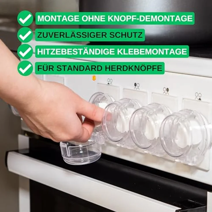 Herd Kindersicherung Set, für 6 Knöpfe, transparenter Kleber, mit Backofentür Kindersicherung, für max. Ø 4,9 cm und 4 cm hohe Herdknöpfe mit min. 6,1 cm Abstand Mitte-Mitte, Herdschutz Tür Knöpfe Kit – Bild 3