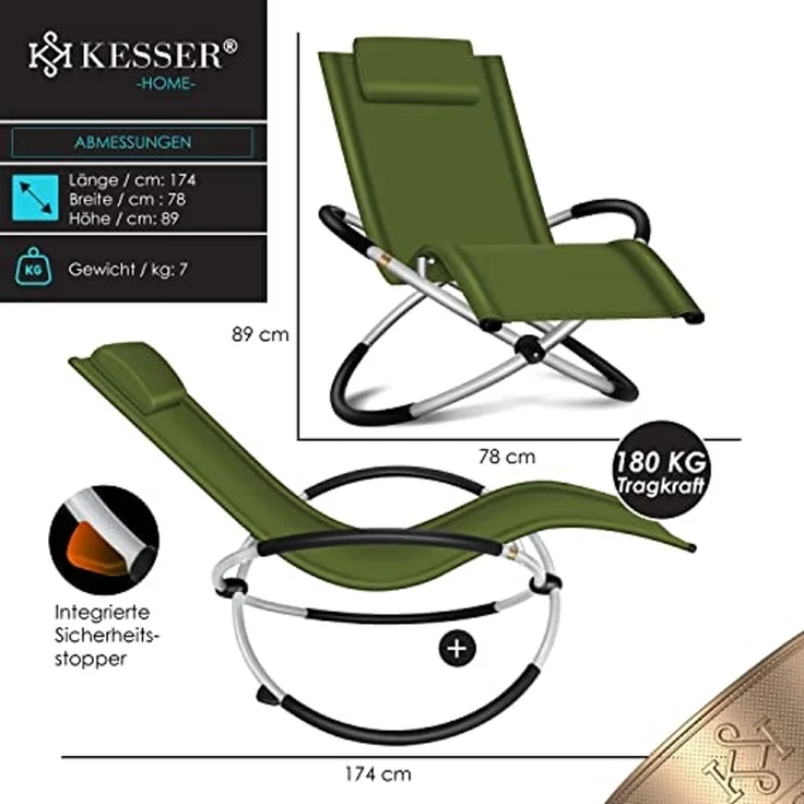 KESSER® Relaxliege Liegestuhl | Gartenliege Sonnenliege | Gartenstuhl | Klappstuhl faltbar | Schwungliege | Schaukelsessel | ergonomische Relaxsessel | wetterfest | 180 kg Belastung Khaki – Bild 2