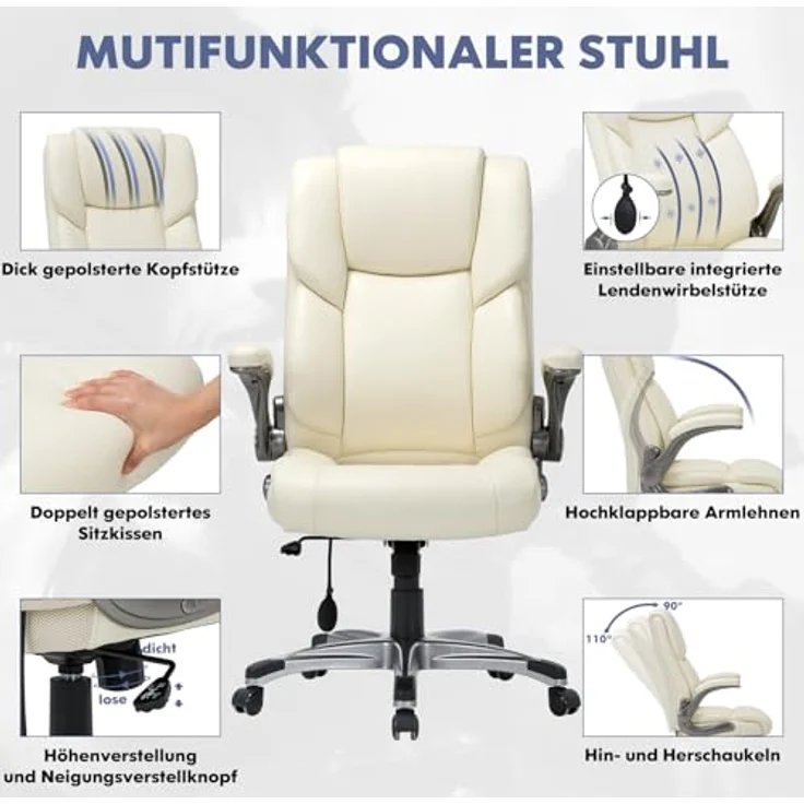 COLAMY Bürostuhl Ergonomisch, Chefsessel mit Hoher Rückenlehne, Schreibtischstuhl Lederstuhl mit Gepolsterten Klapparmlehnen, Verstellbarer Neigungsverschluss, Drehstuhl für Erwachsene, Elfenbein – Bild 6