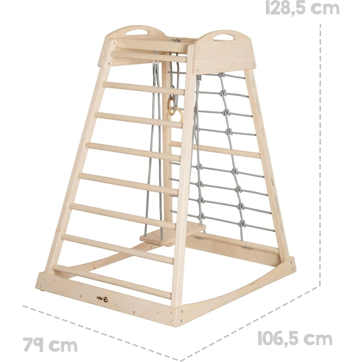 roba Montessori Indoor Spielturm inkl. 2in1 Rutsch- & Kletterbrett, Kletternetz- & Sprossenseite, Schaukel & Turnringen - Geeignet ab 24 Monaten - Belastbar bis 70 kg - Holz natur – Bild 12
