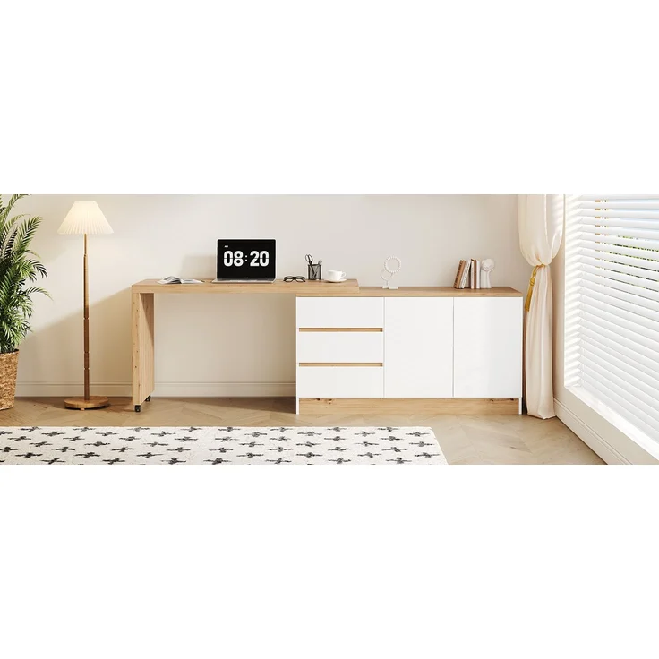 ZUBALIYA Schreibtisch mit feststellbaren Rollen – multifunktionales Design, 4 cm dickere, drehbare Tischplatte, fest arretierbar, weiß/Eiche, Faltbarer Schreibtisch, Eckschreibtisch, Sideboard,Dicke Materialie – Bild 20
