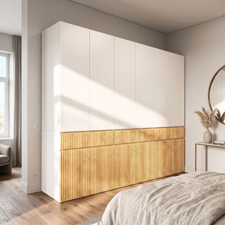 Kleiderschrank 270 x 50 x 200 cm aus MDF und Spanplatte, mit 12 Drehtüren, 3 Schubladen und 3 Kleiderstangen – Bild 2