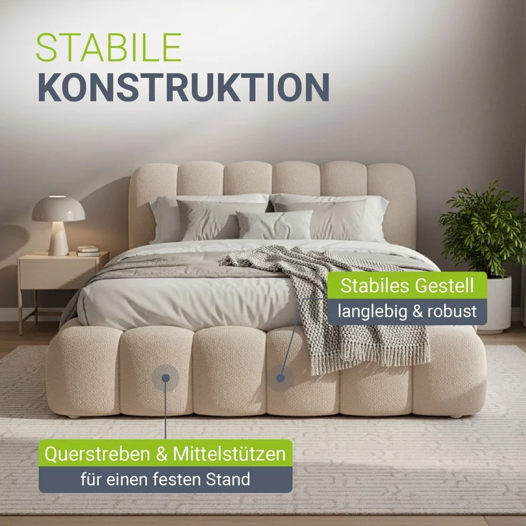 Juskys Polsterbett Catania - Bubble Design, gepolstertes Kopfteil, stabile Kontruktion - 140 x 200 cm - Beige – Bild 6