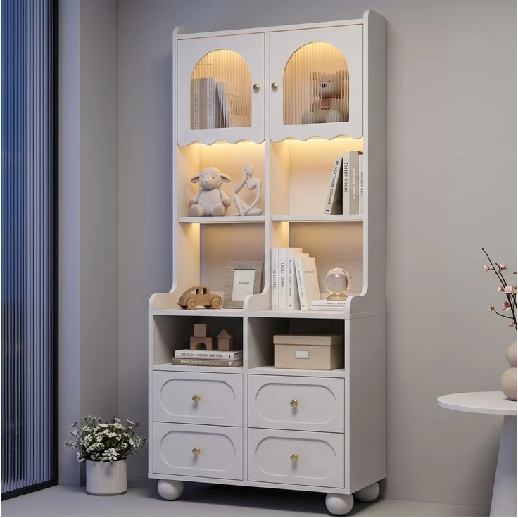 Glasvitrine 80 x 40 x 180 cm mit Rippglastür, LED-Beleuchtung und vier Schubladen – Weiß – Bild 3