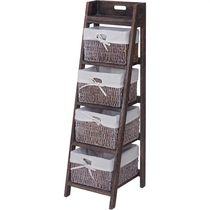 MCW Leiterregal Franca, Shabby-Look mit 4 Maiskorbschubladen, Braun, aus massivem Paulownia-Holz
