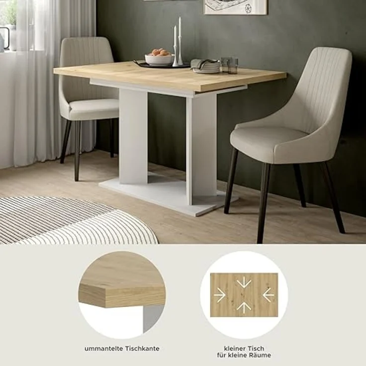 xonox. home – Esstisch Gustav 120-160x76x80 cm in Artisan Eiche Nachbildung und Weiß – Ausziehbarer Küchentisch mit Doppelsäule – variabel anpassbar, ummantelte Kanten & inklusive Aufbauanleitung – Bild 7