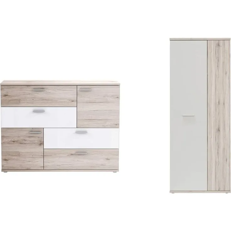 Forte Skive Kommode mit 2 Türen und 4 Schubkästen, Holzwerkstoff, Sandeiche/Weiß, 124. 9x41. 3x95. 9 cm & Net106 Mehrzweckschrank mit 2 Türen, Sandeiche + Weiß, 68. 90x34. 79x179. 1 cm