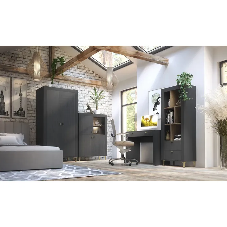 Jugendzimmer Mossa in Anthrazit & Eiche Whisky mit Polsterbett in 120er oder 140er Breite – moderne Komplettsets in verschiedenen Varianten wählbar - 5 teilig , Kleiderschrank 2türig + Polsterbett 120cm + Highboard + Schreibtisch + Regal