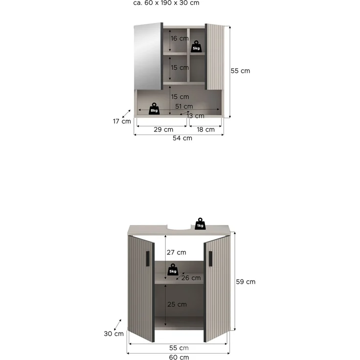 xonox. home – Badkombination Mone 60 x 180 x 30 cm in Kaschmir Nachbildung – 2-teiliges Set bestehend aus Waschbeckenunterschrank & Spiegelschrank – Ideale Lösung für kleine Bäder, modern & pflegeleicht – Bild 4