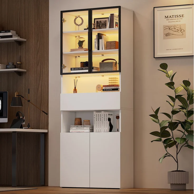 DESVIAE Vitrine mit LED-Beleuchtung und Glastüren 70x200x30 cm Spanplatte Weiß – Bild 2