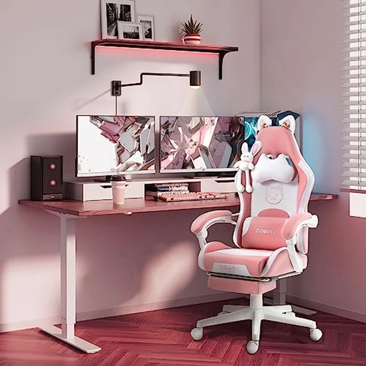 Dowinx Gaming Stuhl - Süße Katze Edition - Ergonomischer Computerstuhl mit Hoher Rückenlehne und Lendenwirbelstütze, PU-Leder, Fußstütze,Rosa – Bild 3