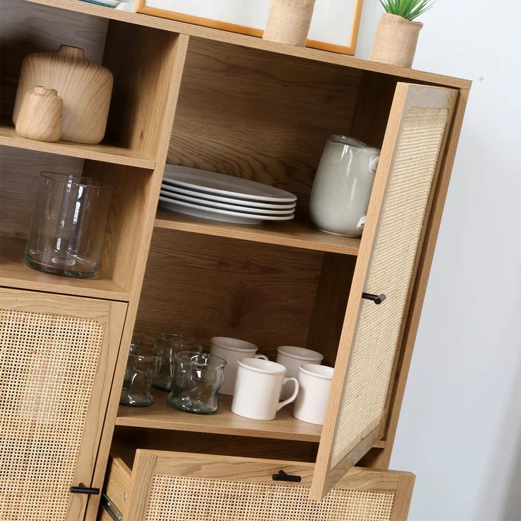 Casâme 'JAYA' Hohe Buffetschrank mit Rattanfronten - L100 x H120 cm - Helles Holz – Bild 4