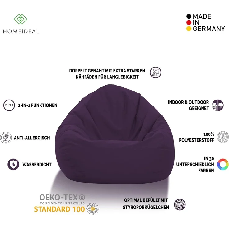 HomeIdeal - Sitzsack XXL Bodenkissen für Erwachsene & Kinder - Geeignet für Gaming oder Entspannen - Indoor wie Outdoor da er Wasserfest ist - mit EPS Perlen, Farbe:Lila, Größe:XXXL – Bild 2
