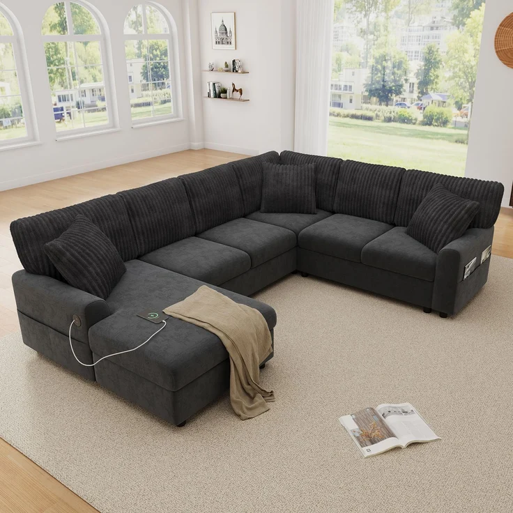 ZUBALIYA Modulare Wohnlandschaft, mit USB-C-Anschluss, H 83 × T 196 × B 249 cm, Grau, Chenille / Cord – Bild 3