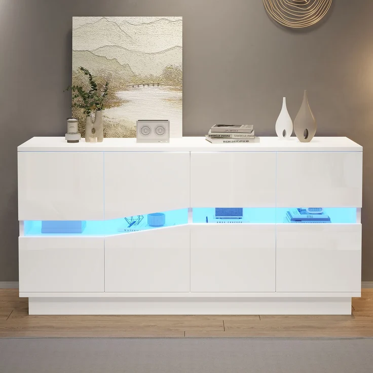 ZUBALIYA Sideboard 140x35x70 cm, mit LED-Beleuchtung, Hochglanz, mit 4 Türen, aus Spanplatte, Weiß – Bild 2