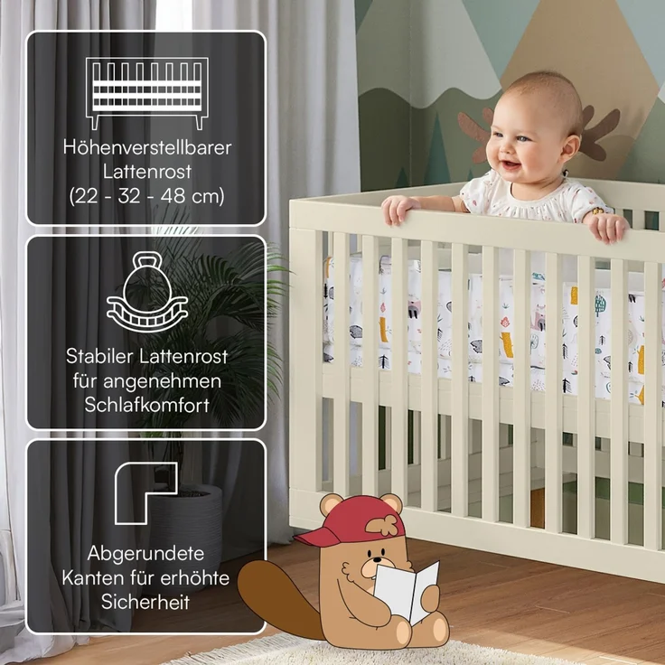 Bellabino 'Liri' Babybett 70x140 cm, beige, 3-fach höhenverstellbar, Kinderbett umbaubar zum Juniorbett (inkl. Umbauseiten) – Bild 3