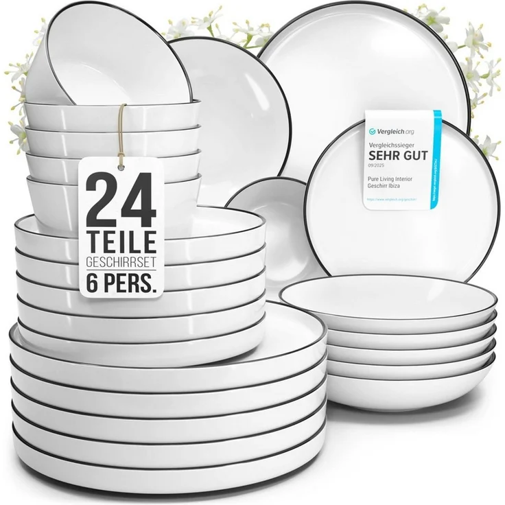 PURE LIVING INTERIOR DESIGN Geschirr-Set Scandi aus Porzellan, 24-tlg, für 6 Personen, Weiß - Schwarzer Rand (24-tlg), 6 Personen, Porzellan – Bild 1