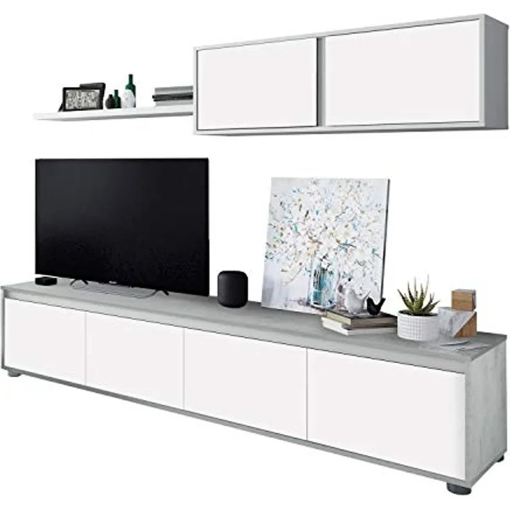 Wohnzimmer TV-Ständer mit vier Türen, mit Hängeschrank und Regal, Betonfarbe und Artikweiß, TV-Schrankmaß 200 x 43 x 41 cm Hängeschrank 105 x 35 x 29 cm Regal 95 x 3 x 21 cm