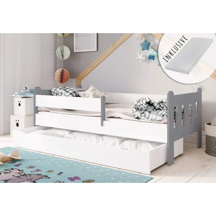 Kids Collective Kinderbett 80x160, 80x180, 90x200 cm mit Schublade, Rausfallschutz & Lattenrost, mit Matratze in weiß-grau 90x200 cm Mädchen Jungen Bett – Bild 5
