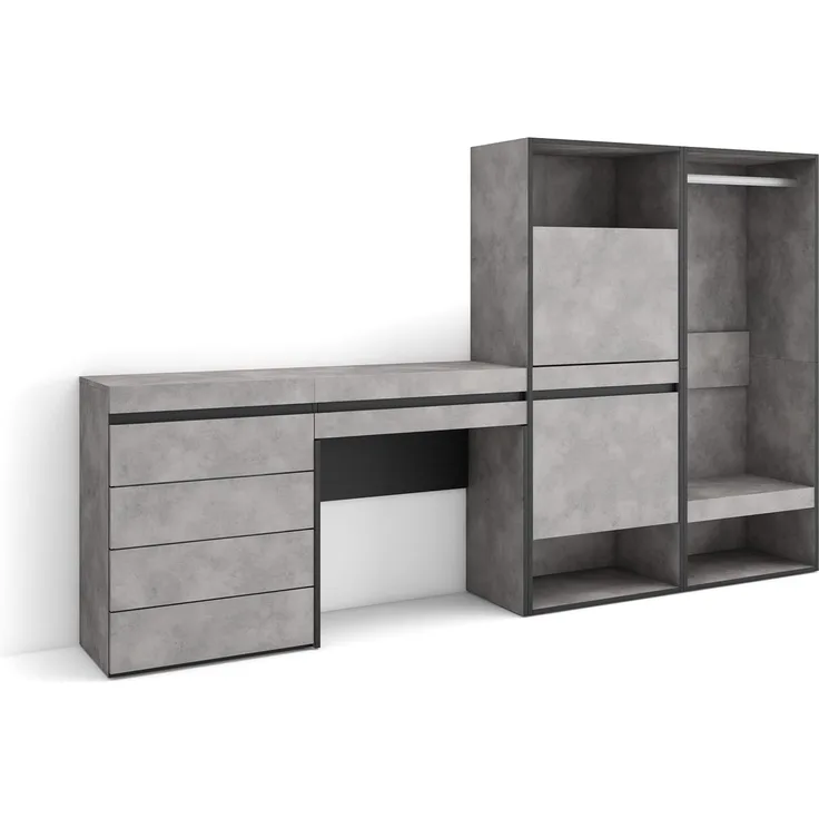 Skraut Home | Schuhregal, Schuhschrank | Schuhaufbewahrung | 247 x 145 x 35 cm | Für Schlafzimmer, Zimmer | Offener Kleiderschrank | Kommode mit Schubladen | Schminktisch | Moderner Stil | Zement