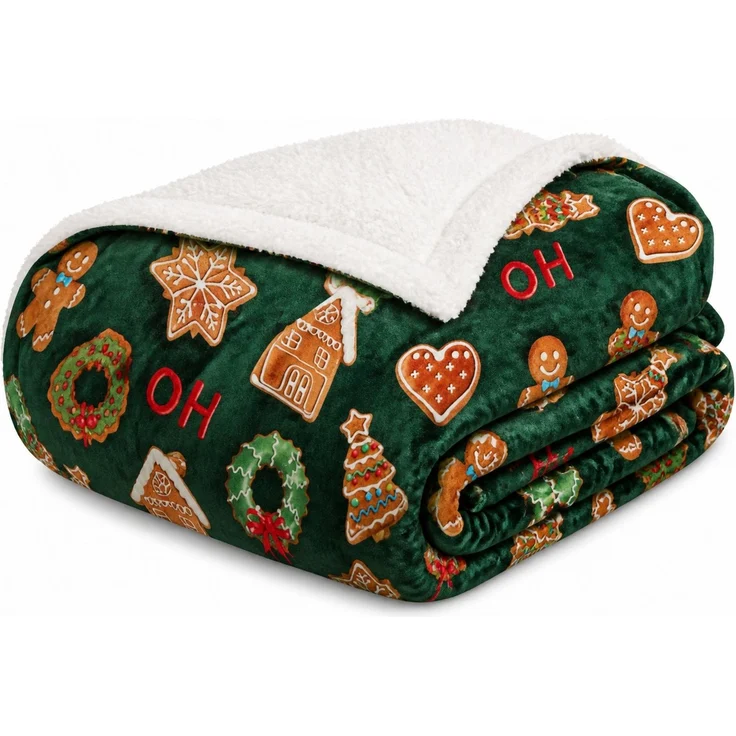 Weihnachts-Flanelldecke mit Lebkuchenmotiv Grün, 200x230 cm – Bild 1